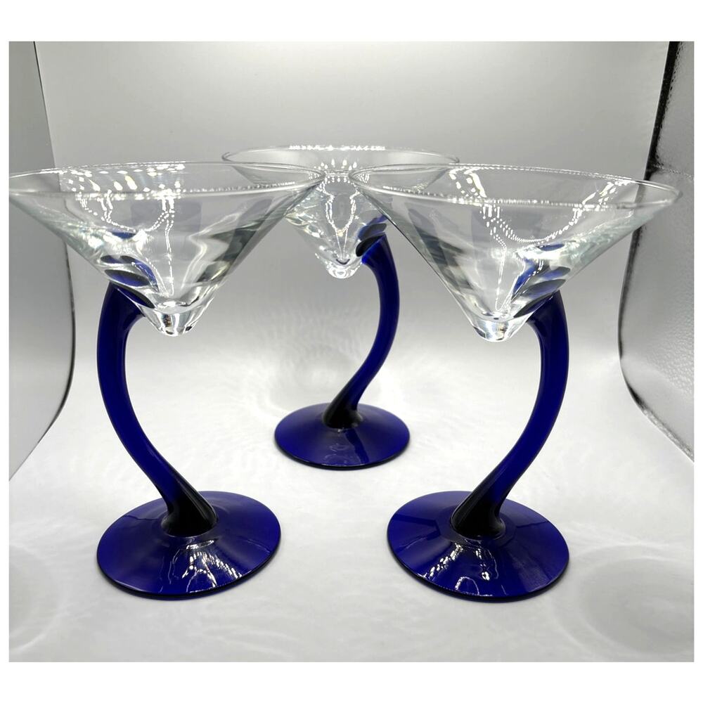 Vintage Swerve Cobalt Blue Stemmed Martini Glasses Set of Three